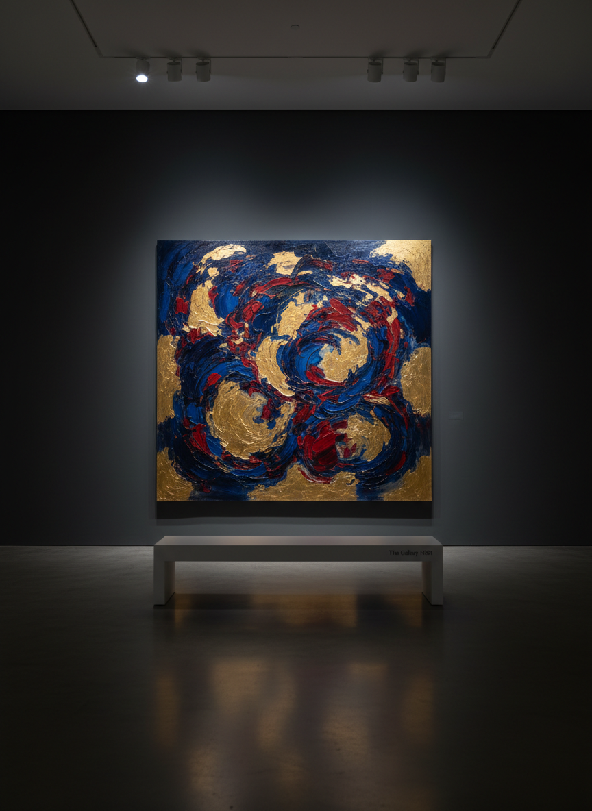A stately exhibition room at The Gallery 1001 showcasing a single, large contemporary painting on a charcoal-gray accent wall. The artwork bursts with vibrant indigo, gold, and crimson brushstrokes, layered thickly so that the paint’s texture catches the light. Beneath it, a long, low, matte-white gallery bench adds balance and visual rest. The polished concrete floor has a subtle sheen that reflects a muted echo of the painting’s colors. Discreet ceiling-mounted spotlights produce a dramatic, focused illumination that carves the painting from its darker backdrop, while the rest of the room falls into softer, diffused shadow. Photographic realism at slightly below eye level, centered composition, calm yet powerful atmosphere with a minimalist, high-design aesthetic.