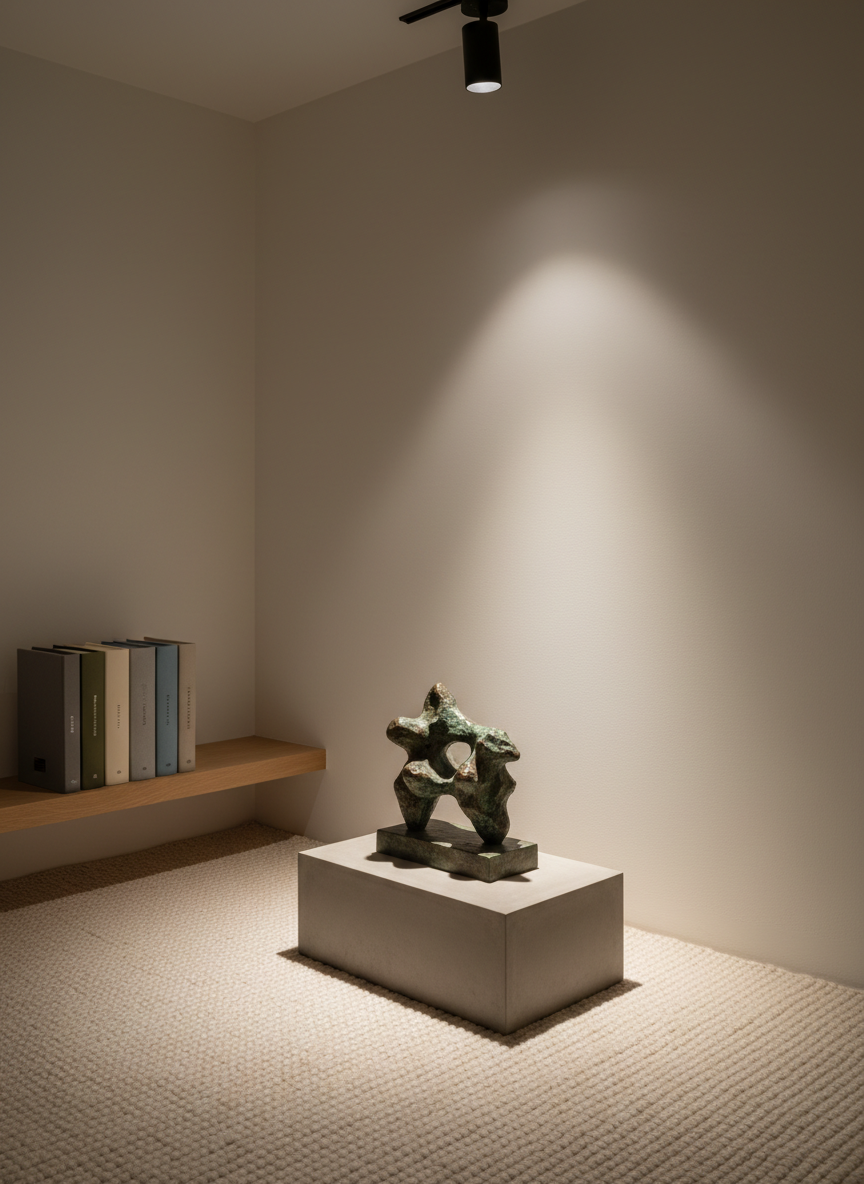 An intimate corner of The Gallery 1001 designed as a quiet viewing nook, featuring a low, modern plinth displaying a small bronze sculpture with a rich, time-worn patina. The sculpture’s curves catch delicate highlights from a single, adjustable spotlight overhead, creating intricate, soft-edged shadows on the pale, matte wall behind. The floor is covered in a tightly woven, neutral-toned wool rug that softens the sound and adds subtle texture. A slim, built-in wall shelf nearby holds a curated row of art books, their muted covers aligned perfectly. The lighting is warm and focused, with the surrounding area falling gently into darkness, producing a contemplative, almost reverential mood. Photographic realism with a three-quarter angle and shallow depth of field, highlighting textures and materials.