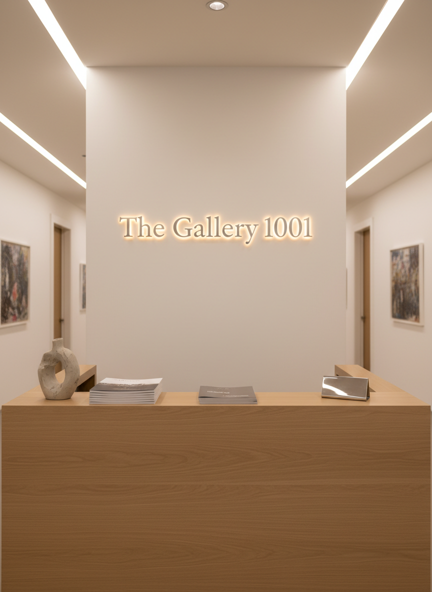 A refined gallery reception desk at The Gallery 1001, crafted from smooth, pale oak with clean, angular lines and a discreet satin finish. The desk sits against a crisp white wall bearing a sophisticated metal sign reading “The Gallery 1001” in slender serif lettering, subtly backlit to create a soft halo. On the desk rests a neatly stacked collection of matte-finished exhibition catalogs, a single sculptural ceramic vase, and a sleek metal cardholder. Overhead, concealed LED strip lighting and minimal recessed spots bathe the area in warm, even light without harsh glare. Photographic realism, shot from a slightly elevated front angle, shallow depth of field so the logo is in crystal-clear focus while background corridors and artworks fall into tasteful blur, conveying professionalism and quiet luxury.