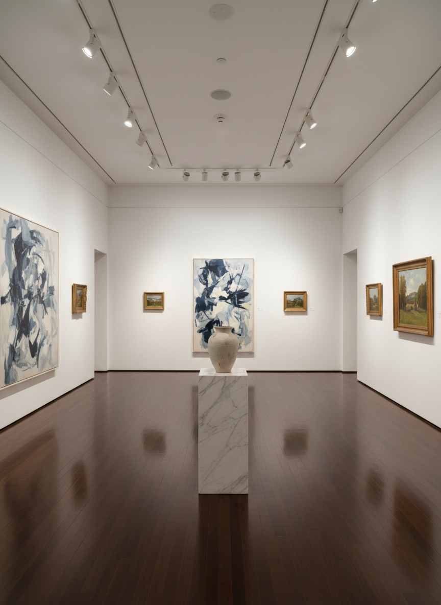 An elegant, softly lit interior of The Gallery 1001, with pristine white walls showcasing a harmonious mix of large abstract canvases and finely framed landscape paintings. A polished dark hardwood floor reflects the gentle sheen of recessed ceiling lights, arranged in precise tracks that spotlight each artwork with museum-quality illumination. In the center, a sculptural marble pedestal supports a single, minimalist ceramic artwork, its matte texture contrasting with the gloss of the floor. The air feels calm and refined, with a quiet, contemplative atmosphere. Photographic realism, captured at eye level with a wide-angle lens, sharp focus from foreground to background, and a clean, sophisticated composition that emphasizes symmetry and the sense of a best-in-county, award-winning art space.