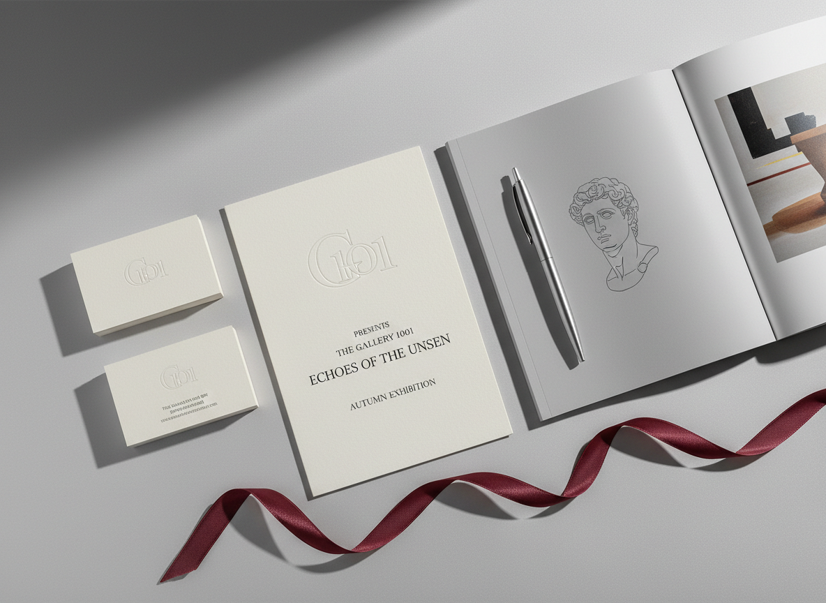 A meticulously arranged flat lay of gallery branding materials for The Gallery 1001, displayed on a smooth, dove-gray tabletop with a subtle satin finish. Centered is a heavyweight, textured invitation card bearing an elegant embossed logo and serif typography in deep charcoal ink. Around it lie a minimalist exhibition catalog with a matte cover, a slender silver metal pen, thick business cards with beveled edges, and a narrow, silk ribbon in rich burgundy. Soft, diffused daylight from an unseen window on the left casts gentle, directional light, producing refined, delicate shadows that emphasize paper textures and embossing. The mood is luxurious and sophisticated, photographed from a perfect overhead, bird’s-eye view in crisp photographic realism, with balanced, minimalist composition and generous negative space.