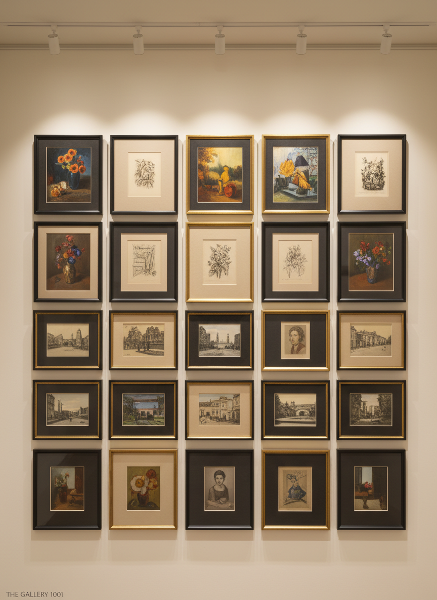A close-up, photographic view of a beautifully curated gallery wall inside The Gallery 1001, featuring a precise grid of assorted framed artworks. Matte black and brushed brass frames surround richly colored oil paintings, delicate ink drawings, and subtle monochrome photographs, all aligned with exacting precision against a smooth, ivory wall. Slim, adjustable gallery lights cast warm, focused beams that create gentle vignettes around each piece, with soft shadows falling downward. The mood is sophisticated and intellectual, evoking a high-end museum. Shot straight-on with a slightly compressed perspective, the composition fills the frame with artwork, rendering every texture in crisp detail while keeping the overall palette refined and understated in photographic realism.