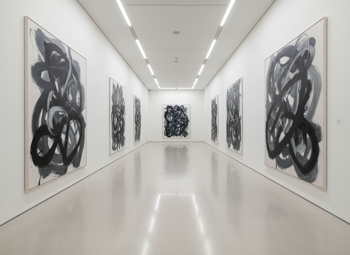 A dramatic photographic interior of The Gallery 1001’s main hall during a special exhibition, focusing on a series of large-scale, monochrome abstract canvases. The artworks, dominated by deep charcoals and soft grays with bold gestural strokes, line both sides of a long, linear space with luminous white walls and a seamless, pale concrete floor. Linear recessed ceiling lights create a continuous ribbon of soft, cool illumination that washes the walls evenly, allowing the artworks’ textures to stand out. Reflections on the polished floor subtly mirror the compositions, adding depth. The camera is placed low at one end of the corridor, using a wide-angle lens to emphasize perspective lines that converge into the distance, giving a sense of grandeur, quiet drama, and curated sophistication befitting the best gallery in the county.